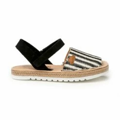 Abarcas Menorquinas Niña Piel Ante Y Rafia Plantilla Acolchada Velcro 227 Negro, De Angelitos