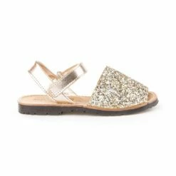 Abarcas Menorquinas Niña Piel Y Glitter Velcro 203 Platino, De Angelitos