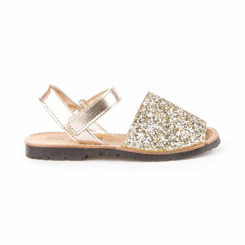 Abarcas Menorquinas Niña Piel Y Glitter Velcro 203 Platino, De Angelitos 3 Abarcas Menorquinas Niña Piel Y Glitter Velcro 203 Platino, De Angelitos