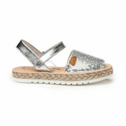 Abarcas Menorquinas Niña Piel Y Lentejuelas Plantilla Acolchada Velcro 224 Plata, De Angelitos