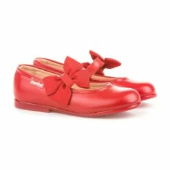 Bailarinas Colegiales Infantil Niña Piel Velcro Lacito 519 Rojo, De Angelitos