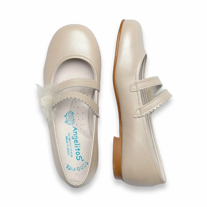 Merceditas Comunión Niña Piel Nacarada Flor Encaje Y Tul Velcro 992 Beige, De Angelitos 4 Merceditas Comunión Niña Piel Nacarada Flor Encaje Y Tul Velcro 992 Beige, De Angelitos - Imagen 2