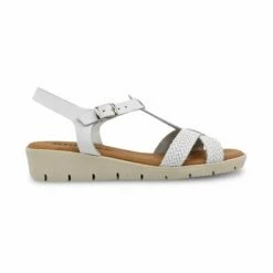 Sandalias Cuña Baja Mujer Piel Grabada Plantilla Acolchada Hebilla 22100 Blanco, De Blusandal