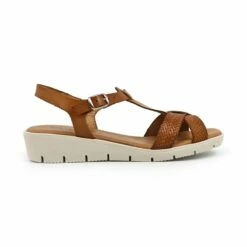 Sandalias Cuña Baja Mujer Piel Grabada Plantilla Acolchada Hebilla 22100 Cuero, De Blusandal