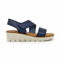 Sandalias Cuña Baja Mujer Piel Grabada Plantilla Acolchada Velcro 22725 Marino, De Blusandal