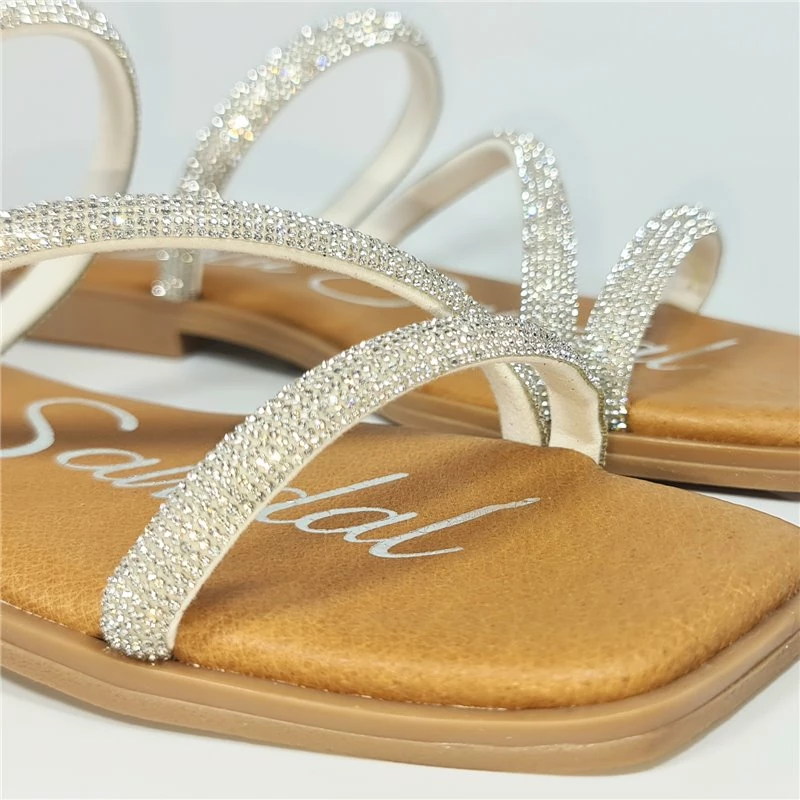 Sandalias Planas Mujer Piel Y Strass Plantilla Acolchada 1600 Plata, De Blusandal 4 Sandalias Planas Mujer Piel Y Strass Plantilla Acolchada 1600 Plata, De Blusandal - Imagen 2