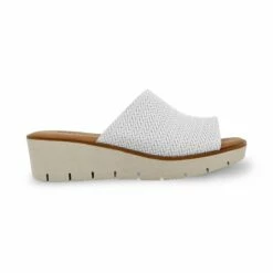 Zuecos Cuña Baja Mujer Piel Grabada Punta Abierta Plantilla Acolchada 22802 Blanco, De Blusandal